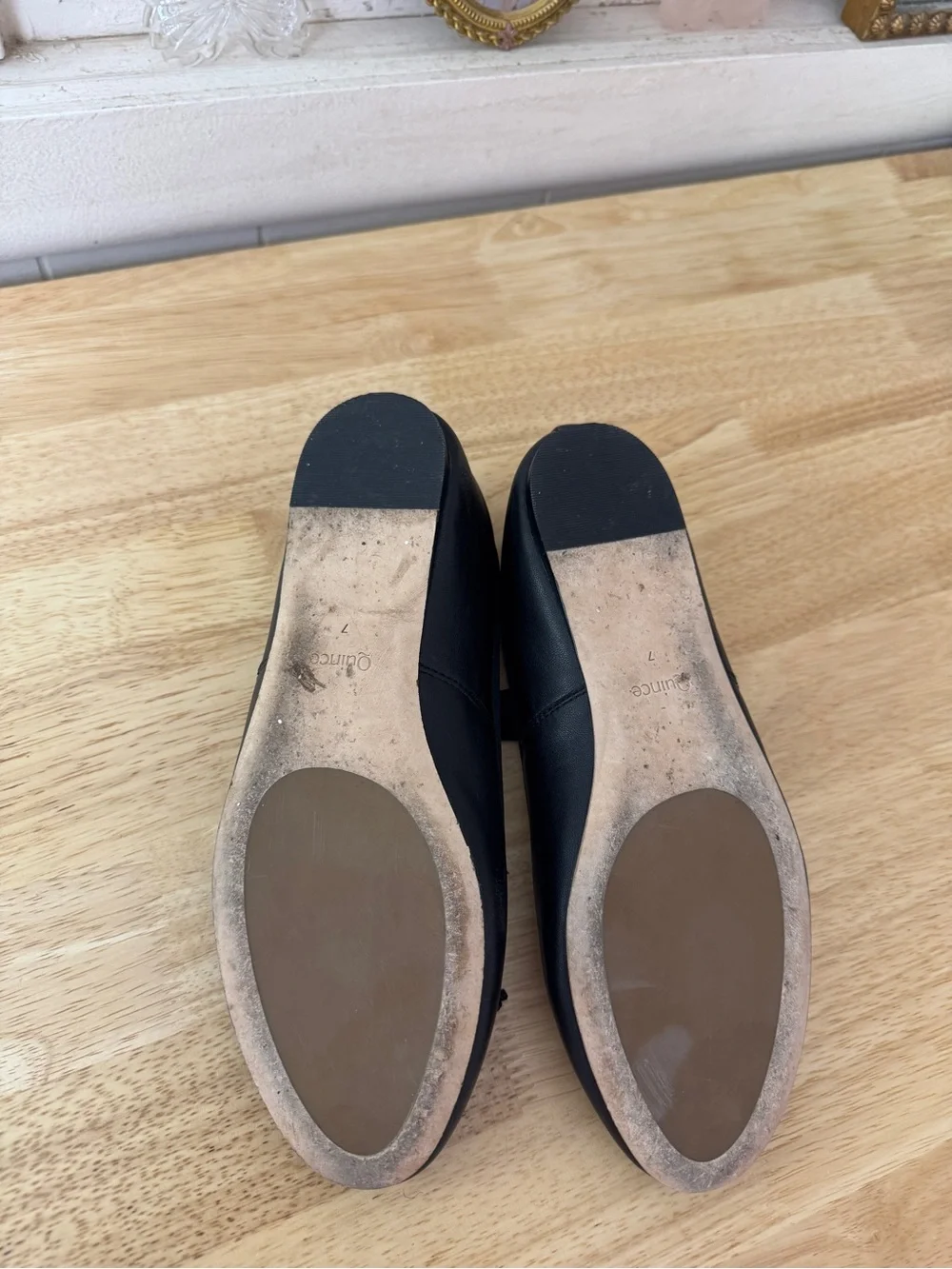 Quince Black Leather Mary Jane Ballet Flats Bow Slip-On Shoes Size 7 BalletCore